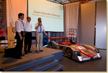 Head of Audi Motorsport Dr Wolfgang Ullrich handed an Audi R8 to Jean-Claude Plassart (right) and Daniel Poissenot (left)