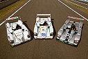 The three Audi R8s for the 2003 Le Mans 24 Hour race: Audi Sport Japan Team Goh, Team ADT Champion Racing and Audi Sport UK