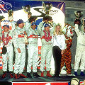 Allan McNish, Michele Alboreto, Rinaldo Capello, the Winning Team -  Frank Biela, Emanuele Pirro and Tom Kristensen, the Sebring Race Queen, Joerg Mueller and J.J. Lehto