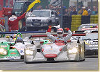 The Le Mans winning Audi R8 #1, driven by Frank Biela, Tom Kristensen and Emanuele Pirro, followed by the #2 Audi R8 and the #8 Bentley