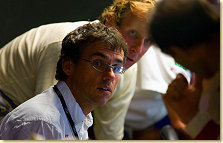 Race tactician (and multiple Le Mans-winning engineer) Jo Hausner   listens to E Pirro, with Frank Biela